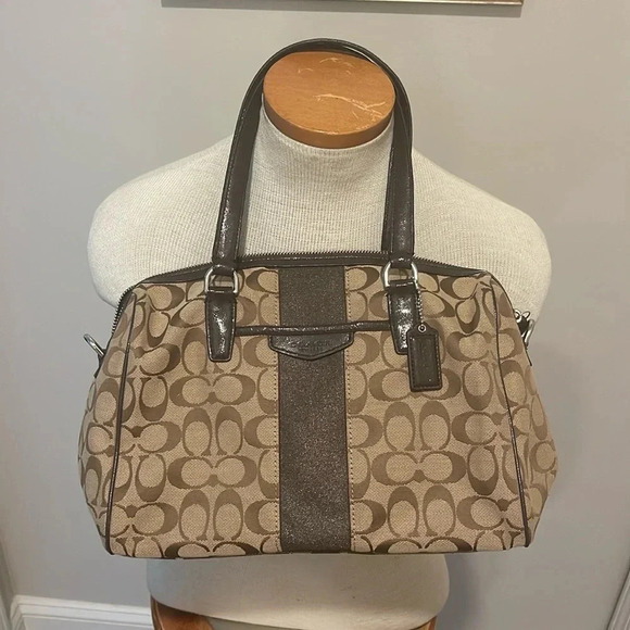 Coach - Signature Stripe Nancy Satchel Handbag 28505 - Khaki Brown Mahogany - Picture 1 of 15